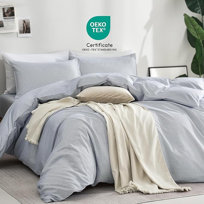 JELLYMONI 100% Natural Cotton 3pcs Striped Duvet Cover Sets,Blue Duvet Cover with Thin White Stripes Pattern Printed Comforter Cover,with Zipper Closure & Corner Ties(Full Size)