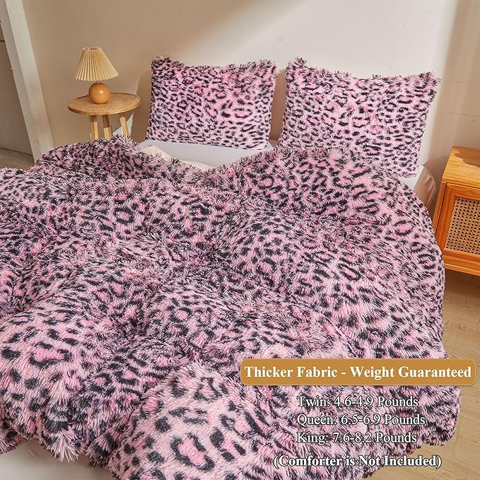 XeGe Cheetah Print Fluffy Faux Fur Duvet Cover Set, 3 Pieces Soft Plush Shaggy Fuzzy Bedding Set(1 Faux Fur Leopard Print Comforter Cover + 2 Furry Pillow Cases), Zipper Closure(King, Black and Pink)