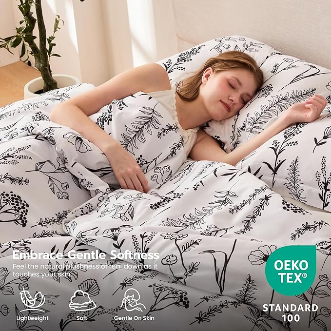Joiedomi Full Size Comforter Set White, 3 Pieces Floral Full Bedding Set with 1 Soft Reversible Botanical Comforter and 2 Pillow Shams, Bed in a Bag for All Seasons