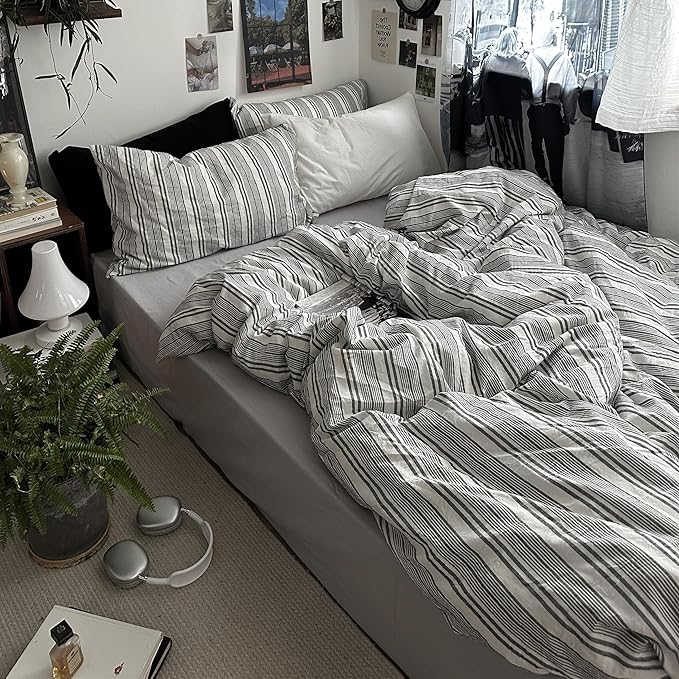 VM VOUGEMARKET Striped Duvet Cover Set Queen Size - 3 Pieces Washed Cotton Bedding Set,Preppy Style BoysComforter Cover for College Dorm,90"x90",Dark Grey&White