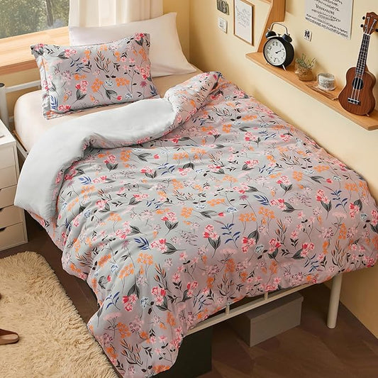 Joiedomi Twin Comforter Set Light Grey, 2 Pieces Floral Twin Bedding Set with 1 Soft Reversible Flower Comforter and 1 Pillow Sham, Bed in a Bag for All Seasons