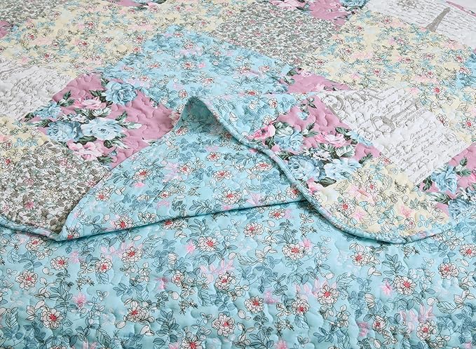 Brilliant Sunshine Lilac Rose Toile Quilt Set, 2-Piece Bedding Sets, Traditional Lively Patchwork Design, Washable, Reversible Bedspread, Soft Lightweight Coverlet, All-Season, Twin/Twin XL, Egg Blue