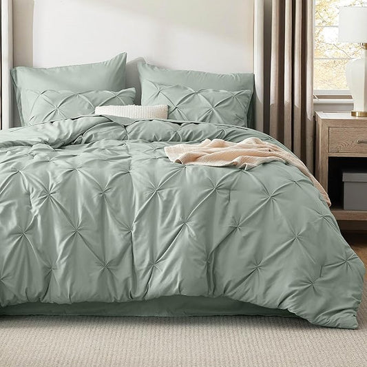 Bedsure California King Comforter Set - Bed in a Bag Cal King Bedding Set 7 PCS, GentleSoft™ Pintuck Bed Set Gift for Family, Pinch Pleat Sage Green Comforter with Sheets, Pillowcases & Shams