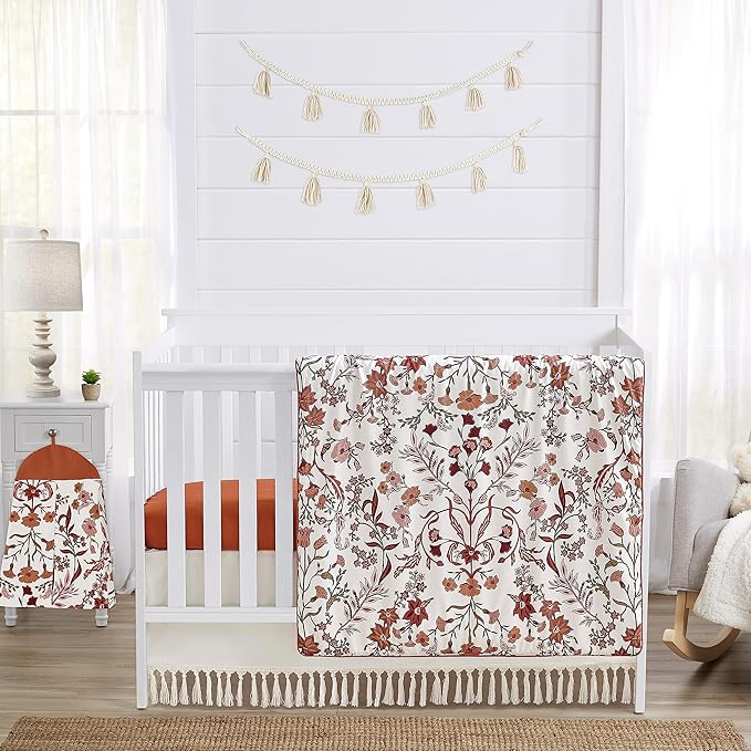 Sweet Jojo Designs Ivory and Orange Boho Vintage Floral Girl Baby Crib Bedding Set Infant Nursery Room Blanket Fitted Sheet Skirt Diaper Stacker 4p Bohemian Rust Daisy Botanical Green Fringe Tassel