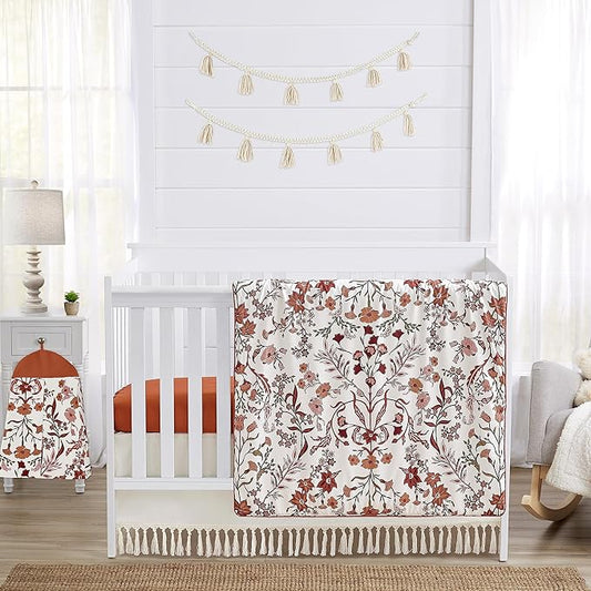Sweet Jojo Designs Ivory and Orange Boho Vintage Floral Girl Baby Crib Bedding Set Infant Nursery Room Blanket Fitted Sheet Skirt Diaper Stacker 4p Bohemian Rust Daisy Botanical Green Fringe Tassel