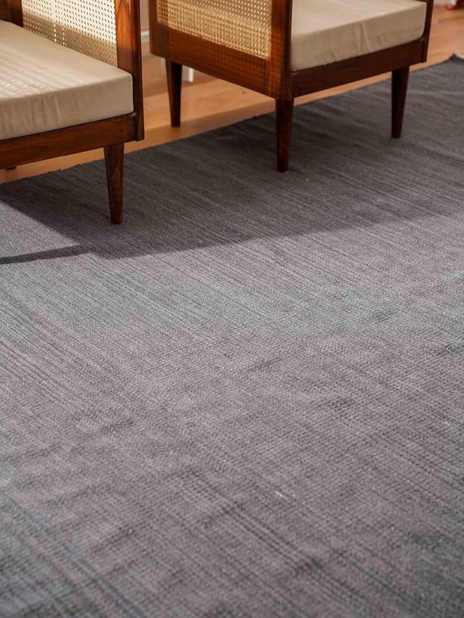Rugsotic Carpets Hand Woven Flat Weave Kilim Wool ECO-Friendly Area Rugs - 9'x12', Rectangle Shape, Charcoal Color, Solid Plain Design, Low Pile Handmade Rugs for Living Room, Bed Room (D00111)