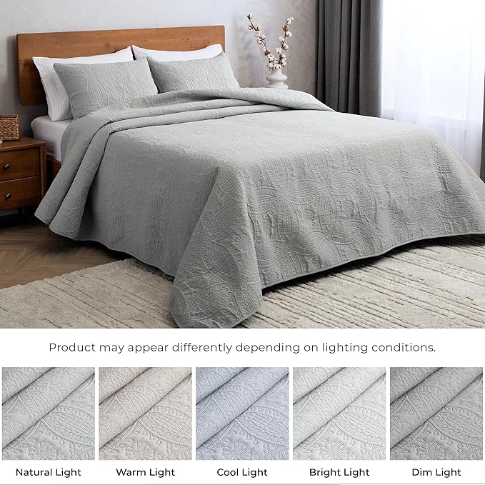 Mellanni King Bedspread Coverlet Set - Bedding Cover with Shams - Ultrasonic Quilting Technology - 3 Piece Oversized Quilt Set - Bedspreads & Coverlets (King, Light Gray)