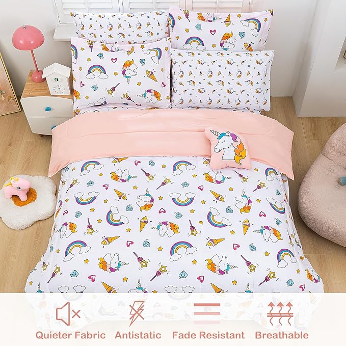 Mooreeke Bed in a Bag for Kids Girls Teens, 8 Pieces Full Size Comforter Bed Set with Shams, Sheet Set and Decorative Toy Pillow, Unicorn Rainbow Super Soft Microfiber Kids Bedding Set