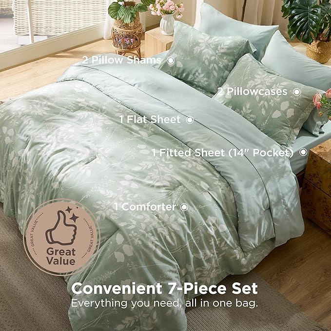 Bedsure Oversized Queen Comforter Set - 7 Pieces Floral Bedding Sets Sage Green Oversized Queen Bed in a Bag with Reversible Botanical Flowers Comforter, Sheets, Pillowcases & Shams
