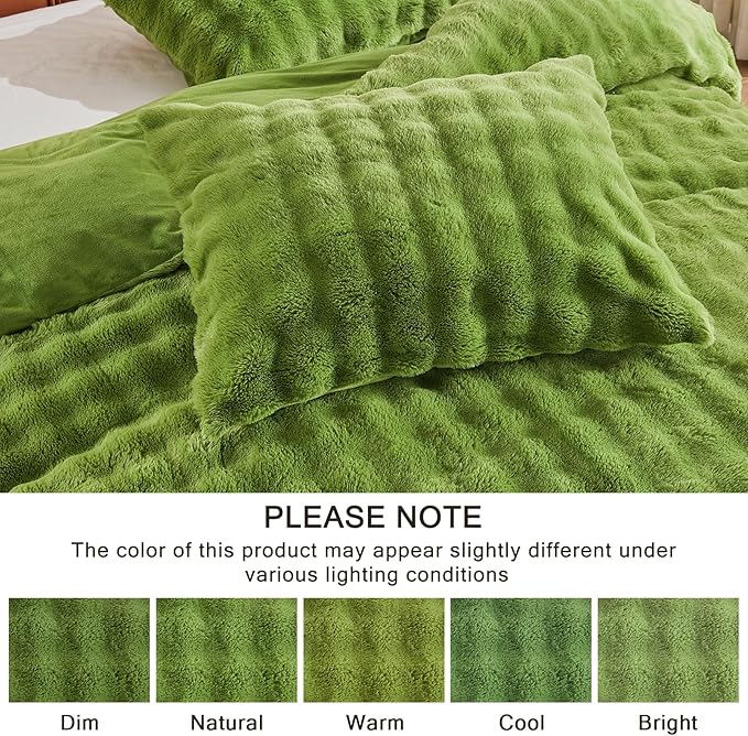 EMME Faux Fur Duvet Cover Queen Size, 3 Pieces Ultra Soft Fluffy Comforter Cover, Cozy Warm for Winter, Luxury Elegant Shaggy Bubble Design Bedding, 1 Duvet Cover & 2 Pillow Shams (Queen, Green)