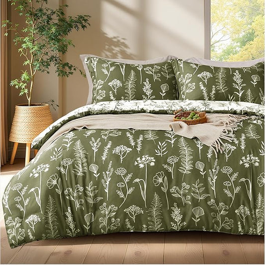 Joiedomi Queen Comforter Set Olive Green, 3 Pieces Floral Queen Bedding Set with 1 Soft Reversible Botanical Comforter and 2 Pillow Shams, Bed in a Bag for All Seasons