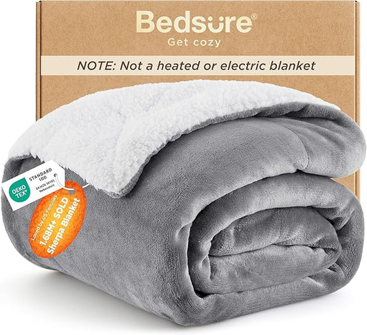 Bedsure GentleSoft Sherpa Fleece Twin Blanket for Couch, Non-Heated, Thick and Warm Throw for Women and Men, Soft Fuzzy Plush Blanket for Winter, Grey, 60x80 Inches