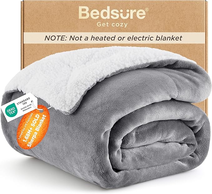 Bedsure GentleSoft Sherpa Fleece Throw Blanket for Couch, Non-Heated, Thick & Warm Christmas Cozy Blanket for Winter, Soft Fuzzy Plush Throw Gifts for Women and Men, Grey, 50x60 Inches