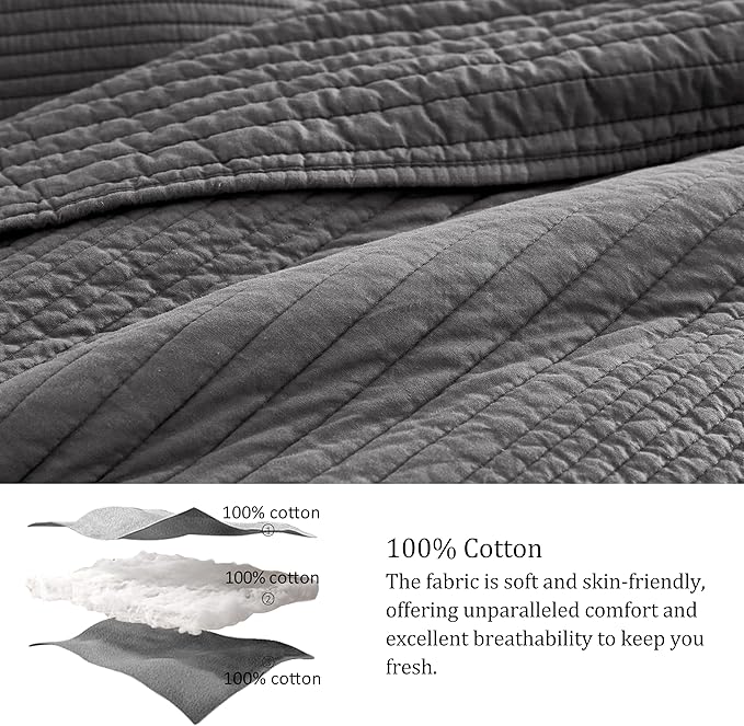 palassio Striped Dark Grey 100% Cotton Quilt Twin Size Bedding Sets, Lightweight Crinkly Channel Pick Stitch Textured Bedspread Soft Shabby Chic Farmhouse Country Coverlet for All Season, 1 Sham