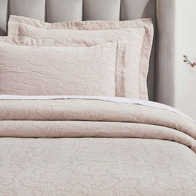 Superior 3 Piece Cotton Bedspread Set, Home Bed Decor, Decorative Bed Spread, 2 Pillow Shams, Medium Weight Blanket, Matelasse Coverlet, Bedding Essentials, Hibiscus Collection, Full, Blush