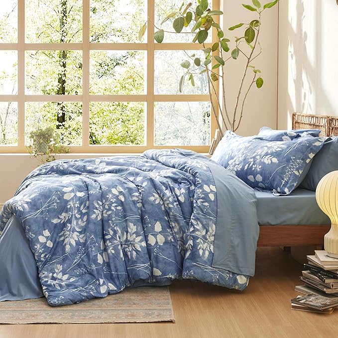 Bedsure King Size Comforter Set - 7 Pieces Floral Blue Soft Bedding Sets, King Bed in a Bag with Botanical Flowers Comforter, Sheets, Pillowcases & Shams