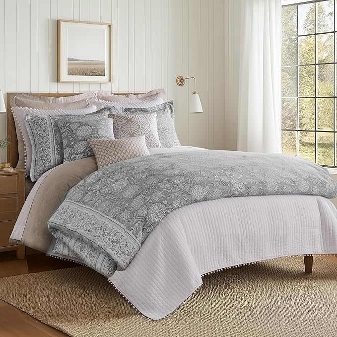 Levtex Home Adare Grey Reversible King Duvet Cover Set (106x94in) with 2 Pillowcases (36x20in) - Floral Bedding - Grey and White - Cotton King Size Duvet Cover Set - Soft, Pre-Washed