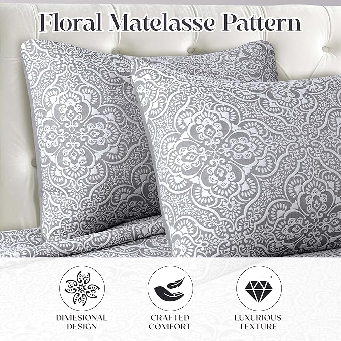 Superior 3 Piece Bedspread Set, Home Bed Decor, Decorative Bed Spread, 2 Pillow Shams, Medium Weight Blanket, Floral Matelasse Coverlet, Bedding Essentials, Enzy Collection, King, Charcoal