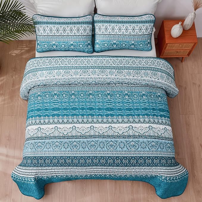 WONGS BEDDING Boho King Quilt Set, Teal and Blue Bohemian Quilt Bedding Set, Lightweight Bed Decor Bedspread for All Season Reversible Microfiber Coverlet Bedding Set 103"x90"(3 Pieces)