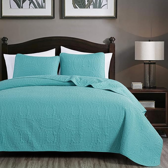 Chezmoi Collection Austin 3-Piece Oversized Bedspread Coverlet Set (King, Turquoise)