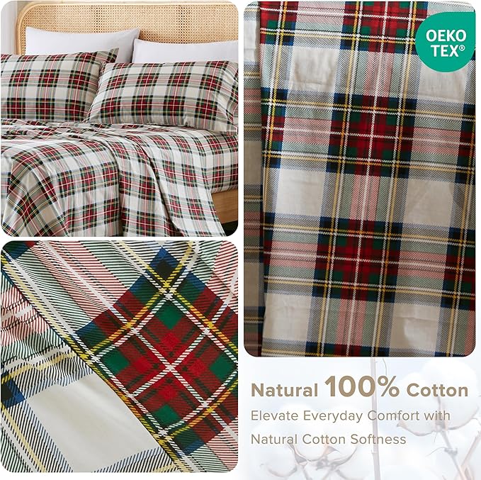 Comfort Spaces 100% Cotton Sheets Full, Breathable, Naturally Cool Cotton Sheets, Cotton Bed Sheets with 14" Elastic Pocket Fits up to 16" Mattress, All Seasons Sheet Set, Scottish Plaid Red 4 Piece