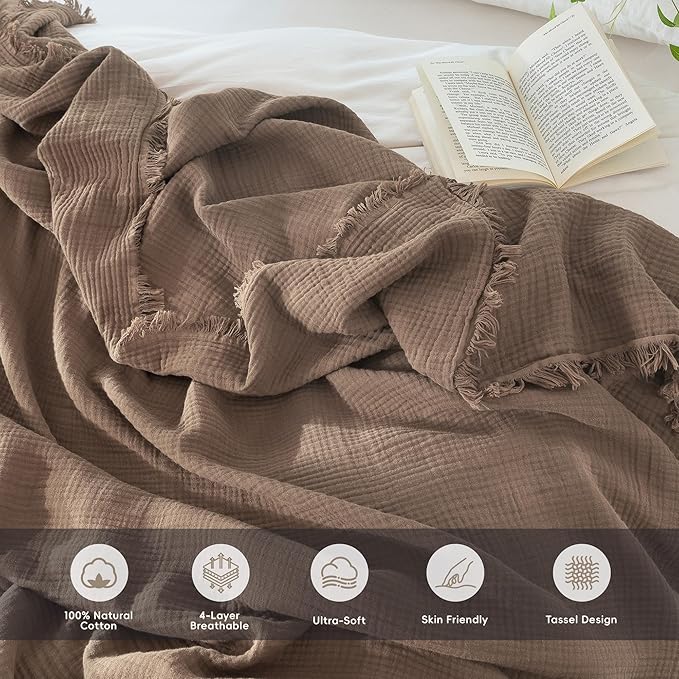 MooMee Muslin Blanket - 100% Cotton 4-Layer Gauze Throw Blanket with Tassels Ultra-Soft Breathable Lightweight Cooling for Bed Couch (Brown,Throw 60" x 50")