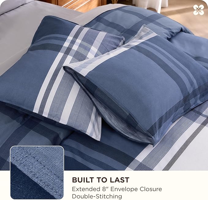 Bedsure 100% Cotton Reversible Plaid Duvet Cover King Size - Classic Navy Checkered Pattern Comforter Cover with Zipper Closure & 2 Pillow Shams, Comforter Sold Separately (Navy Plaid 104"x90")