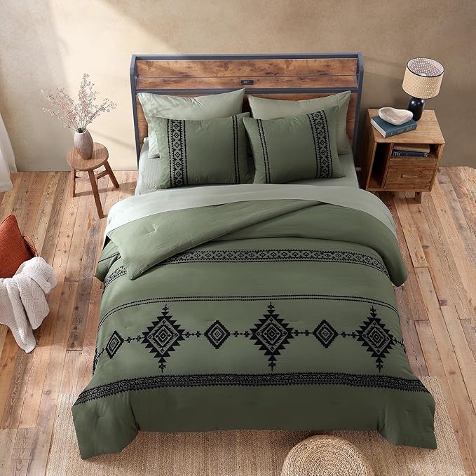 MaiRêve Embroidery Oversized King Size Comforter Set Olive Green, Boho Farmhouse Western Bedding Set 7 Pieces, All Season Bed in A Bag Comforter Set with Sheets, Pillowcases & Shams