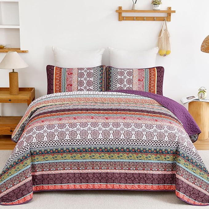 WONGS BEDDING Boho Quilt Set King Size, Purple 3 Pieces Bohemian Striped Patchwork Bedspread Coverlet, Lightweight Soft Microfiber Bedding Set for All Season (104"x90")