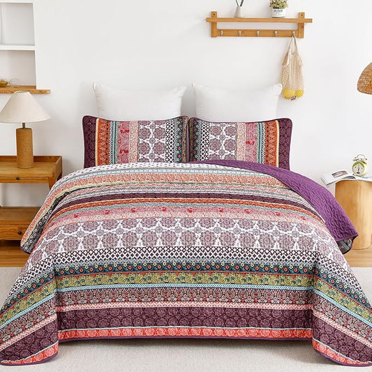 WONGS BEDDING Boho Quilt Set Queen Size, Purple 3 Pieces Bohemian Striped Patchwork Bedspread Coverlet, Lightweight Soft Microfiber Bedding Set for All Season (96"x90")