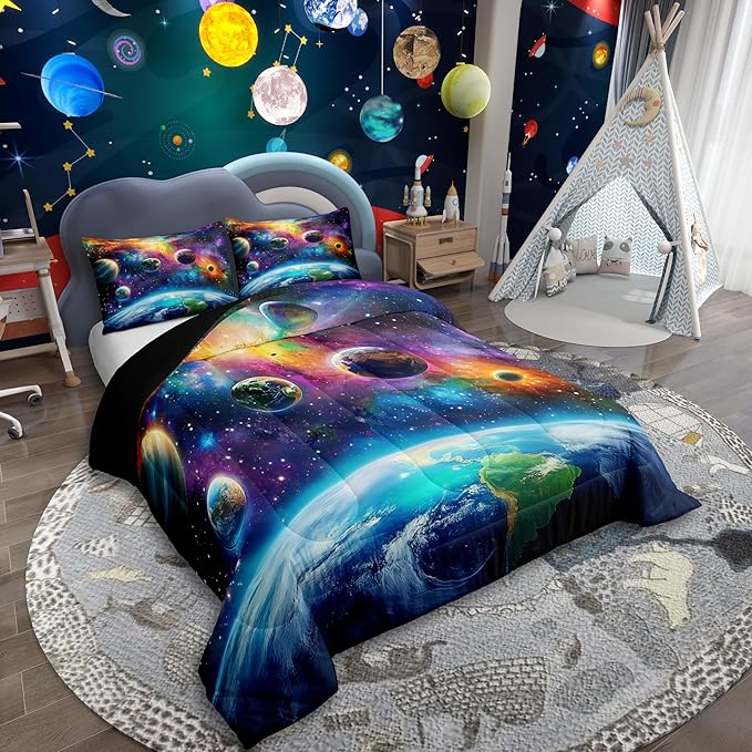 Feelyou Universe Galaxy Comforter Set Queen Size Kids Planets Earth Bedding Set Boy Girl Teen Solar System Comforter Breathable Outer Space Duvet Set Nebula Quilt Set