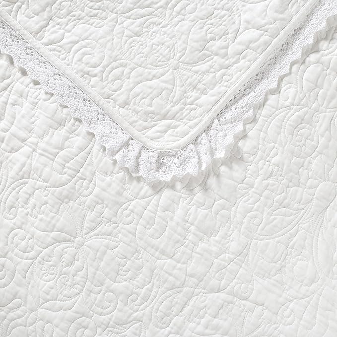Laura Ashley - Twin Quilt Set, Reversible Cotton Bedding with Matching Sham, Pre-Washed Home Decor for Added Softness (Heirloom Crochet White, Twin)