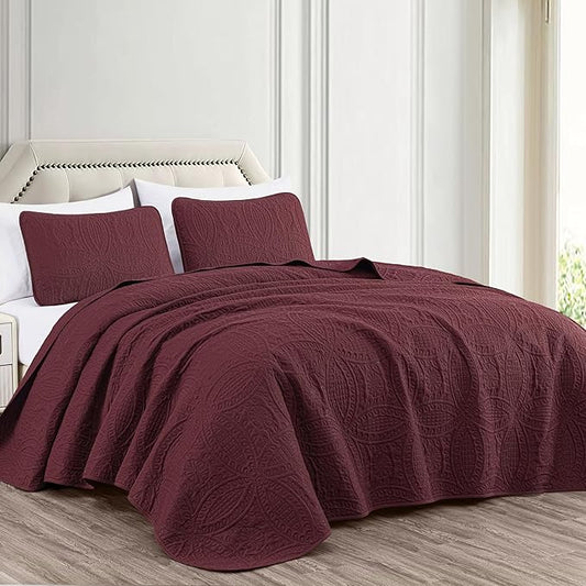 Chezmoi Collection Austin 3-Piece Oversized Bedspread Coverlet Set (Queen, Burgundy)
