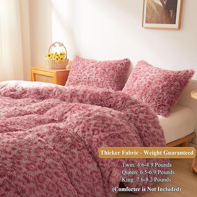 XeGe Cheetah Print Fluffy Faux Fur Duvet Cover Set, 2 Pieces Soft Plush Shaggy Fuzzy Bedding Set(1 Faux Fur Leopard Print Comforter Cover + 1 Furry Pillowcase), Zipper Closure(Twin, Pink)