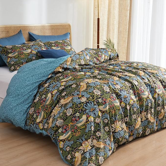 PHF Ultra Soft Floral Duvet Cover King Size, Revisible Boho Printed Vintage Bedding Set 3 Pieces, Comfy Durable Morris Garden Duvet Cover Set with 2 Pillow Shams, Zipper Closure and 8 Ties, 104"x90"