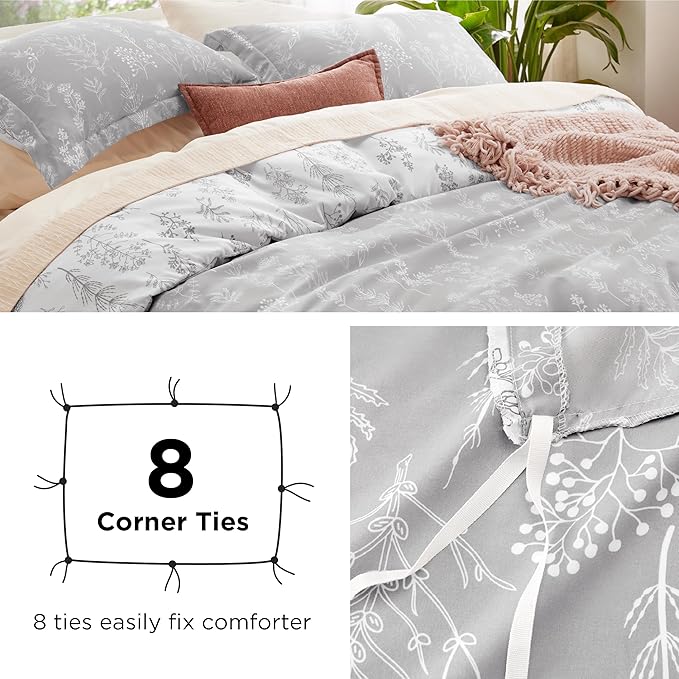 Bedsure Duvet Cover King Size - Reversible Grey King Duvet Cover Set with Zipper Closure, 3 Pieces Botanical Floral Patterned Bedding Set with 8 Corner Ties and 2 Pillow Shams