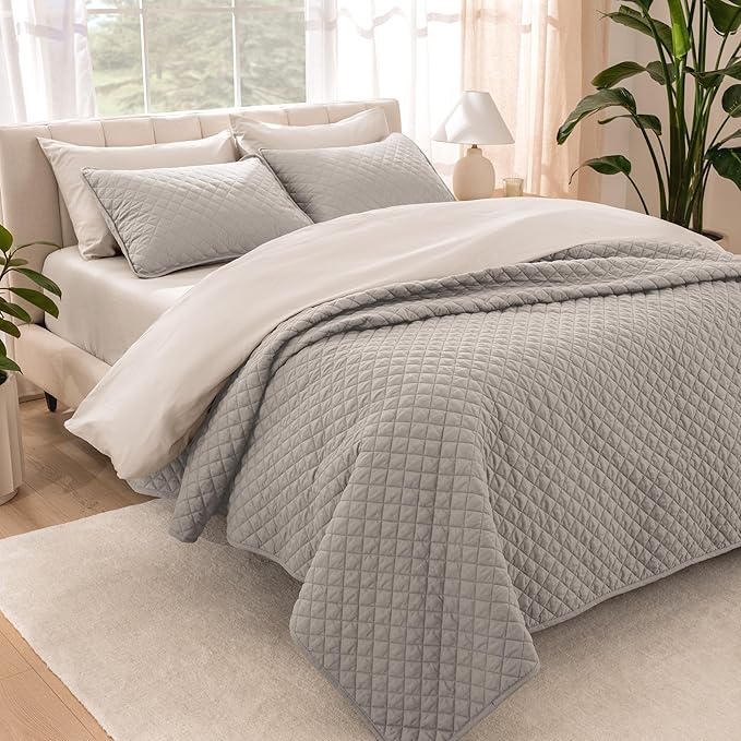 Bare Home Coverlet Set - Full/Queen - Lightweight Bed Decor - Comforter Alternative - All-Season Quilted Bedspread (Full/Queen, Light Grey)