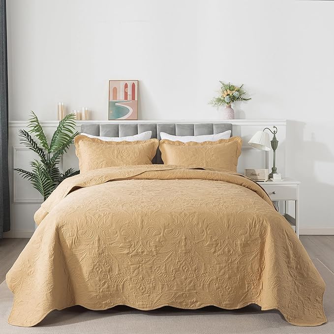 HoneiLife Embroidered Quilt King Size - 3 Piece Microfiber Quilt Sets Lightweight Bedspreads Reversible Coverlets Retro Bed Cover Paisley Pattern Bedding Set All Season Quilts-Yellow