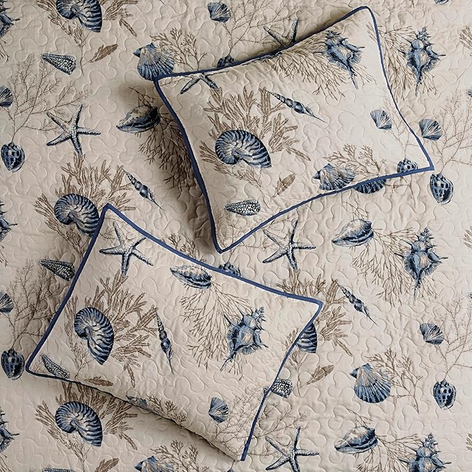Madison Park Quilt Set Cottage Coastal Design, Starfish Print - All Season, Coverlet Bedspread Lightweight Bedding Layer, Shams, Toss Pillows, Twin/Twin XL(68"x90"), Bayside Blue/Ivory 5 Piece
