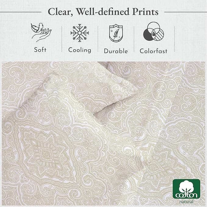 California Design Den Printed Twin XL Sheet Sets - 400 Thread Count Sateen, Natural 100% Cotton Sheets, Deep Pockets, and Durable Bedding Set - Paisley Pattern, Beige