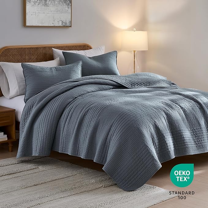 palassio Striped Blue Grey 100% Cotton Quilt Queen Size Bedding Sets, Lightweight Crinkly Channel Pick Stitch Textured Bedspread Soft Shabby Chic Farmhouse Country Coverlet for All Season, 2 Shams