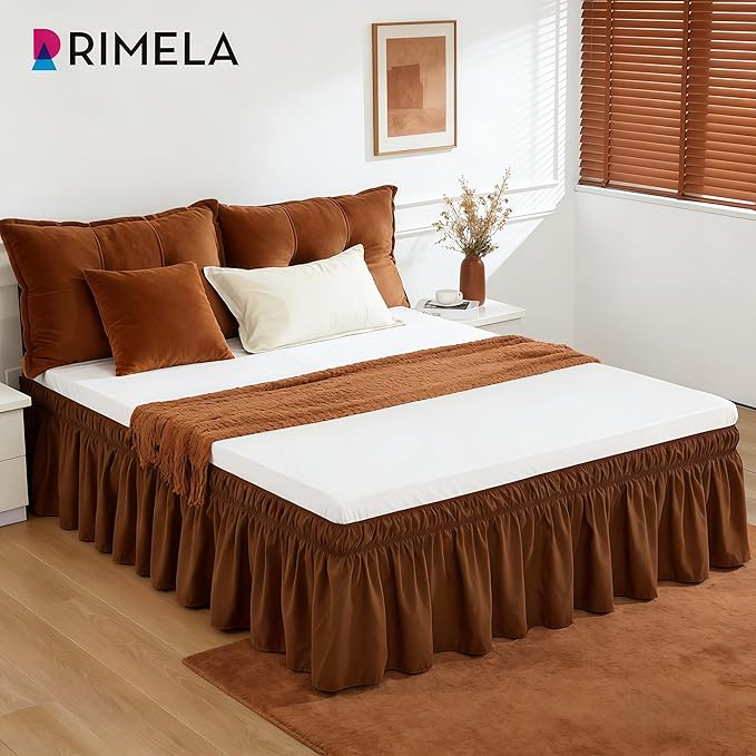 RIMELA Bed Skirt Queen Size 15 Inch Drop, Elastic Bed Skirting for Bed Base and Frame, Bedding Dust Ruffle Easy to Install, Wrap Around Adjustable Bedskirt, Chocolate Brown