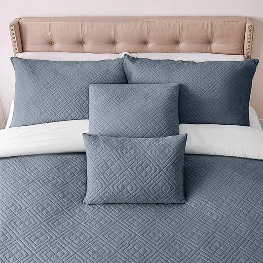 Hearth & Harbor King Quilt Set – All-Season Lightweight Bedspread & Coverlet with Pinsonic Weave - 7 Piece King Quilt Set with Pillow Shams, Steel Blue - King Diamond