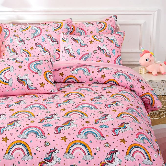 Glow in The Dark Kids Comforter Set, 5 Pieces Pink Unicorn Bedding Set Twin Size for Boys Girls Teen, 1 Comforter, 1 Pillowcase, 1 Pillow Sham,1 Flat Sheet, 1 Fitted Sheet