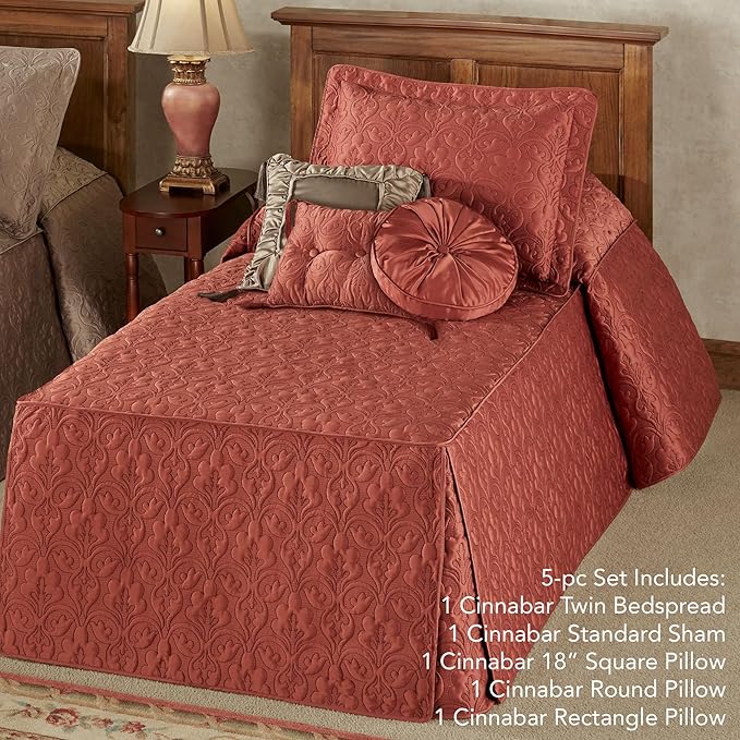 Cambridge Classic Luxury Bedding | Warm Cinnabar Solid Color Polyester Satin | Elaborate Damask Quilting | 5 Pc Bed Set: Twin Bedspread, Standard Sham, & 3 Decorative Pillows | Also Fits Twin XL Beds