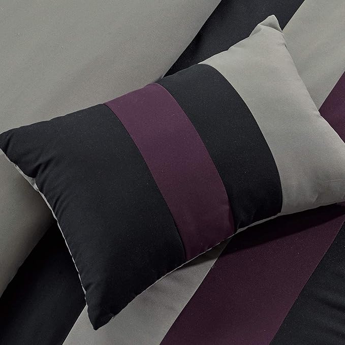 Chezmoi Collection Napa 7-Piece Luxury Leaves Scroll Embroidery Bedding Comforter Set (Full, Purple/Black/Gray)