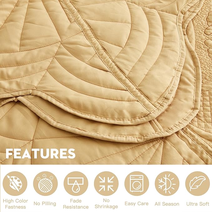 Oversized Bedspread - Queen Size Bedding Cover - Modern & Contemporary Coverlet Set, Real Stitching, Reversible, Lightweight, 5 Piece, Honey Gold