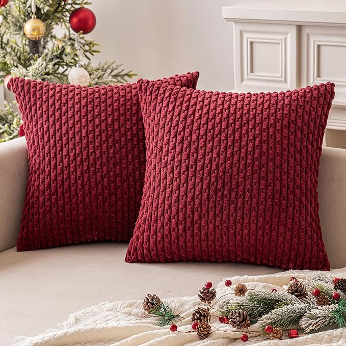 MIULEE Wine Red Throw Pillow Covers Soft Corduroy Decorative Set of 2 Boho Striped Pillow Covers Pillowcases Farmhouse Home Decor for Couch Bed Sofa Living Room 18x18 Inch