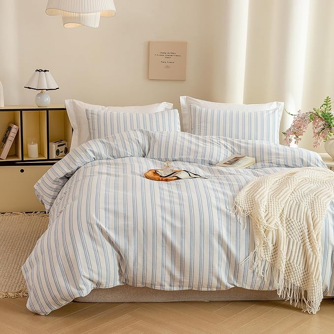 ECOCOTT Striped Duvet Cover King Size -100% Washed Cotton Linen Like Textured Breathable Durable Soft Comfy Bedding Set with Zipper Closure & Corner Ties