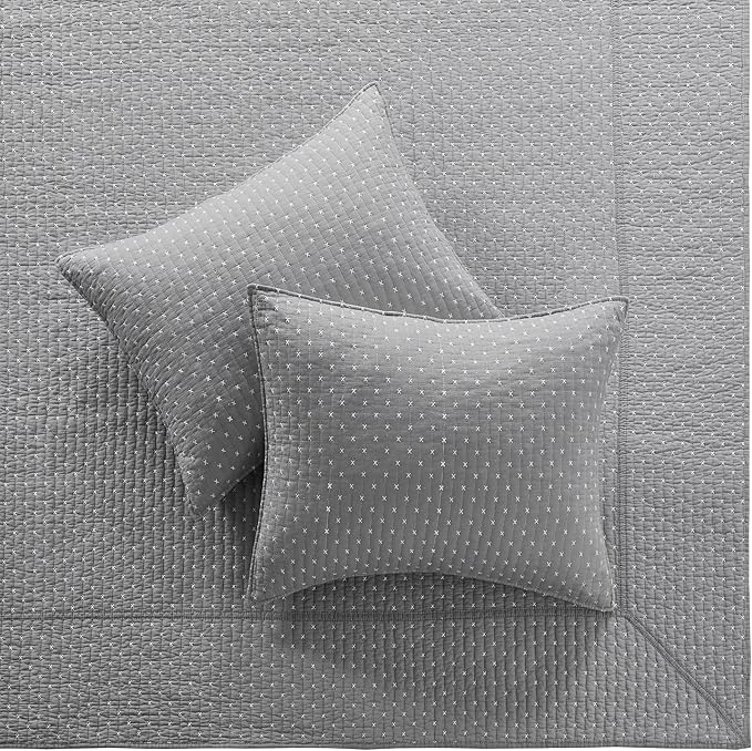 Levtex Home Cross Stitch Reversible King Bedspread Set (120x104in) with 2 Pillow Shams (36x20in) - Stitch Texture - Grey and White - Cotton King Size Bedspread Set - Soft, Pre-Washed